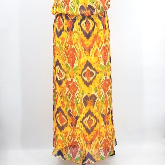 Lauren Ralph Lauren Tribal Ikat Print Yellow Tie-Back Smocked Maxi Dress Women 8 - Picture 3 of 11